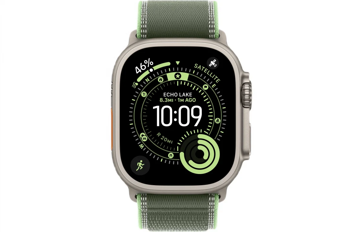 Часы Apple Watch Ultra 3 GPS 49 мм, корпус натуральный титан (Natural Titanium), ремешок Trail, зеленый/неоновый (Green/Neon), размер: M/L